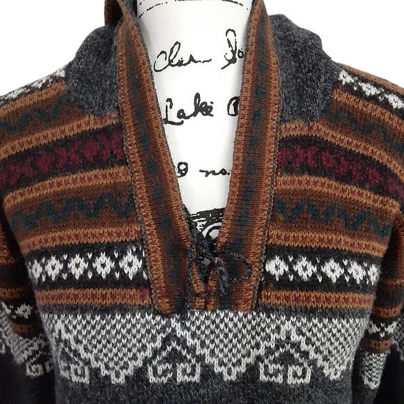 Vintage Peruvian Alpaca Sweater Hooded Pullover Aztec Gray Tribal Nordic - Picture 6 of 9